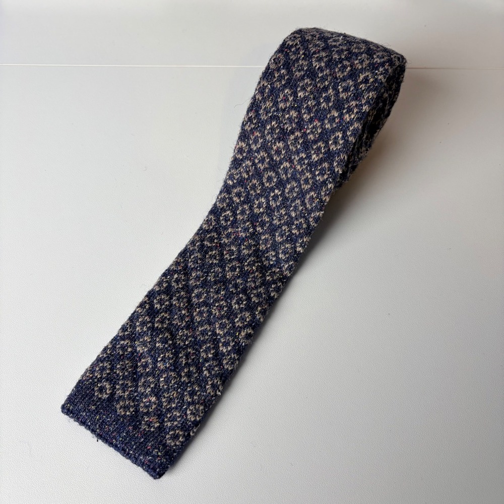 Vintage Navy Blue Knit Wool Blend Skinny Square Tie Diamond Pattern